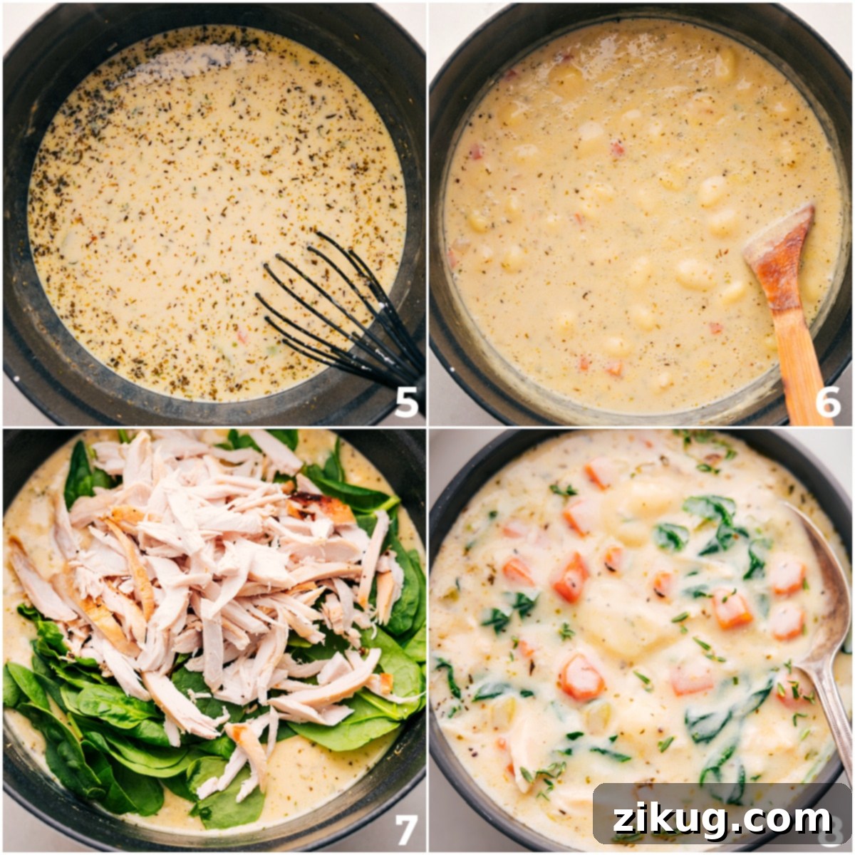 Quick And Easy Chicken Gnocchi Soup The finished Chicken Gnocchi Soup, rich with cream, tender gnocchi, chicken, and wilted spinach, is served in a bowl, ready to be enjoyed.
