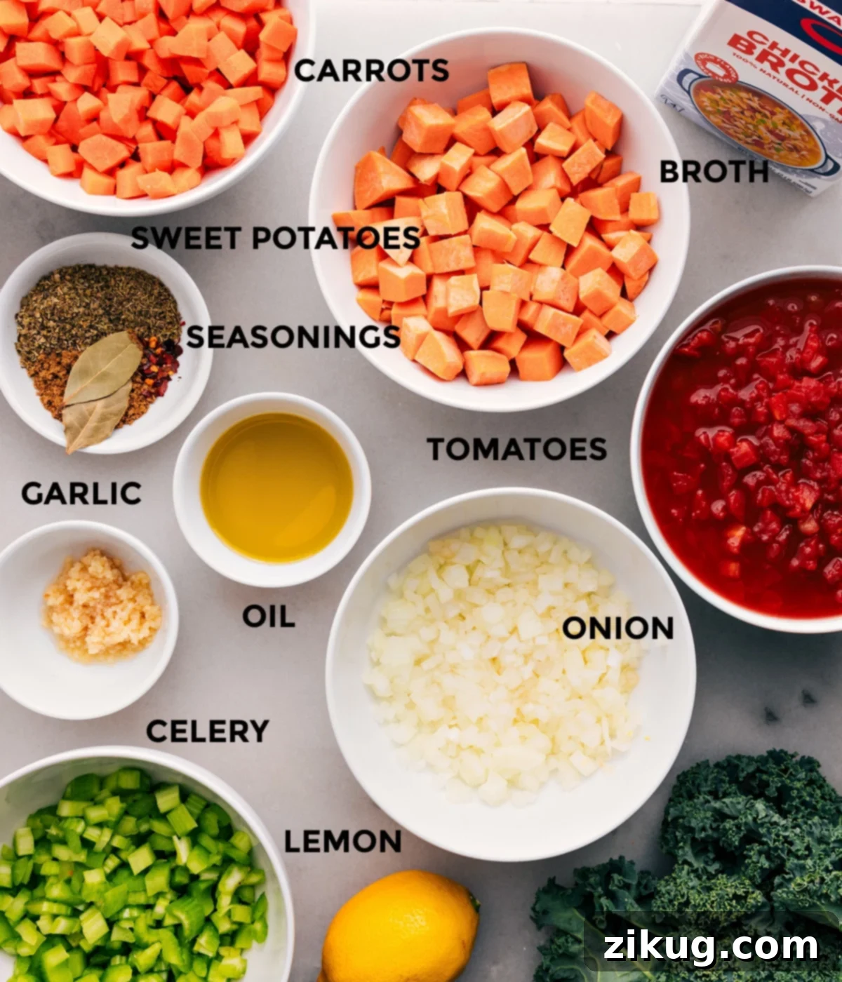 All the fresh ingredients for this delicious vegetable soup recipe are meticulously prepped and laid out—colorful vegetables, canned tomatoes, zesty lemon, aromatic garlic, various seasonings, and a rich broth—ready for easy assembly.