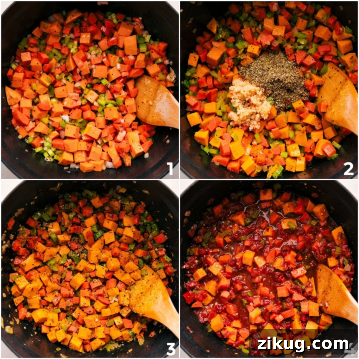 A step-by-step visual of the vegetable soup cooking process: first, vibrant veggies are sautéing in a large pot, followed by fragrant garlic and seasonings, and then rich crushed tomatoes are added, all simmering together to build deep flavors.