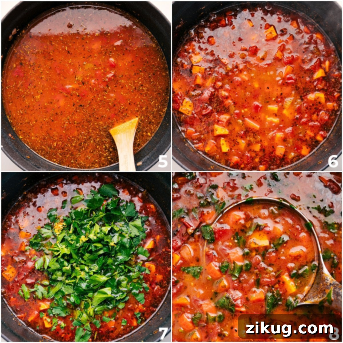 The process of making this delicious vegetable soup: rich broth is poured into the pot, all ingredients simmer together to meld flavors, and finally, fresh herbs are added for a fragrant finish.