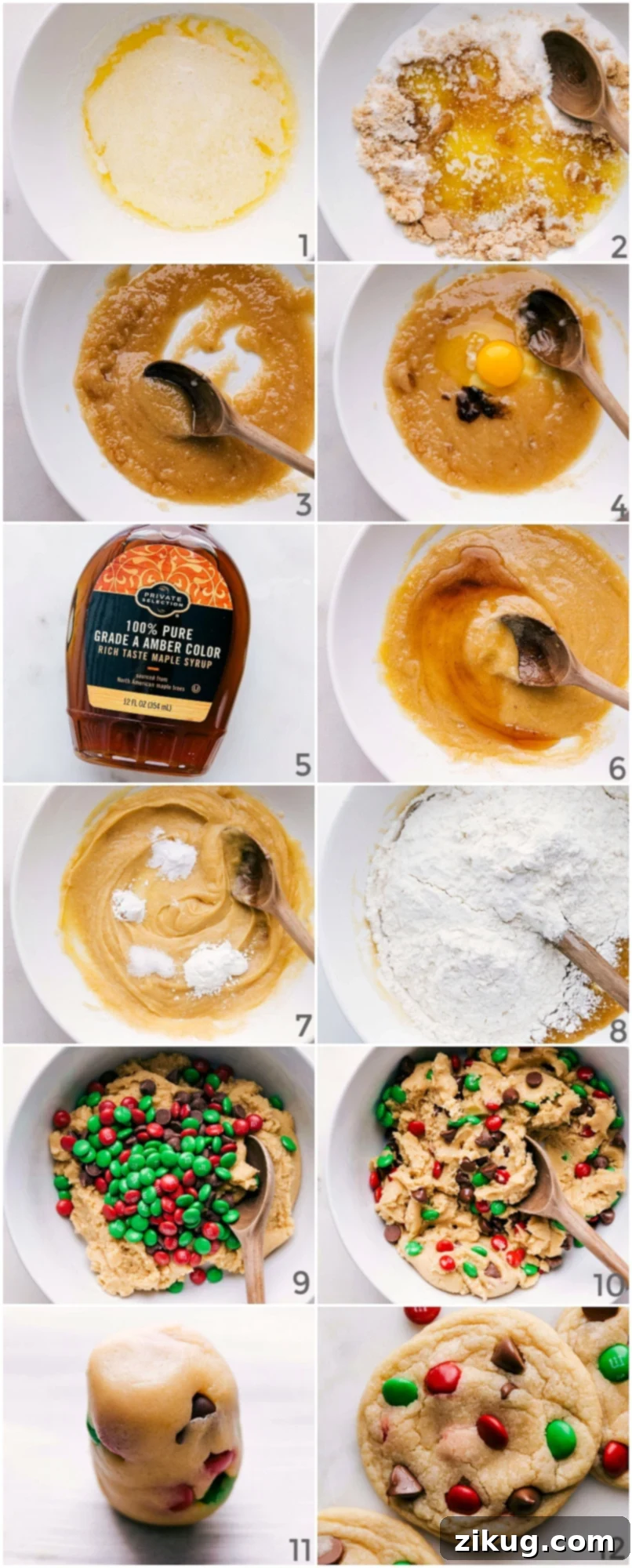 Santa's Favorite Cookies 2 Visual guide showing the steps: combining ingredients, shaping dough into cylinders, and baking cookies in the oven.