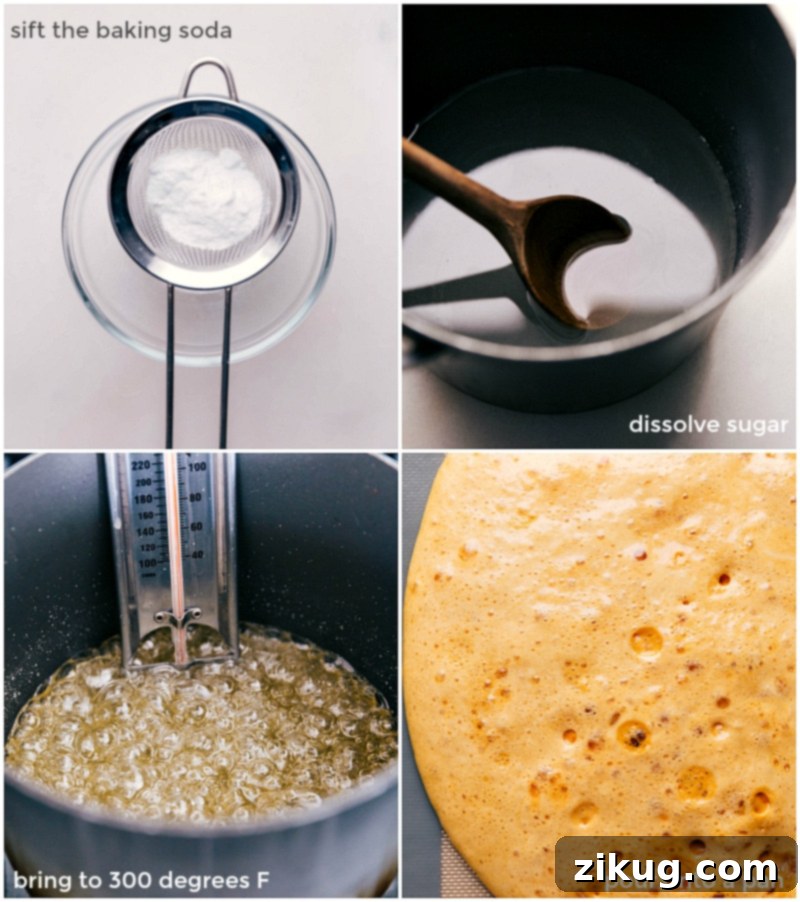Step-by-step process of making Honeycomb Candy: sifting baking soda, dissolving sugar, heating mixture to 300°F, and pouring onto a pan