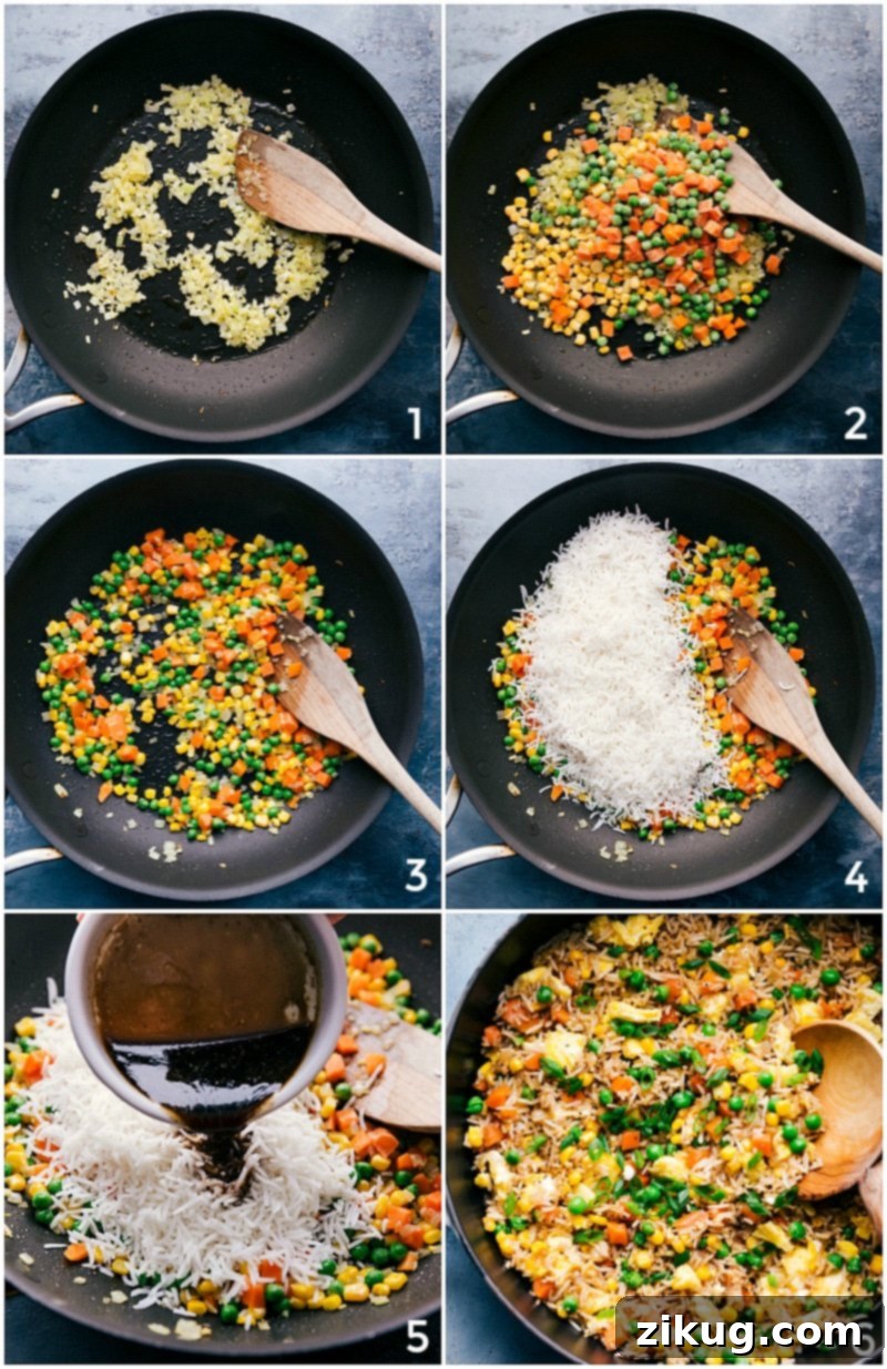 Step-by-Step Collage of Fried Rice Recipe Preparation, showing onions and garlic sautéing, vegetables being added, and sauce being poured.