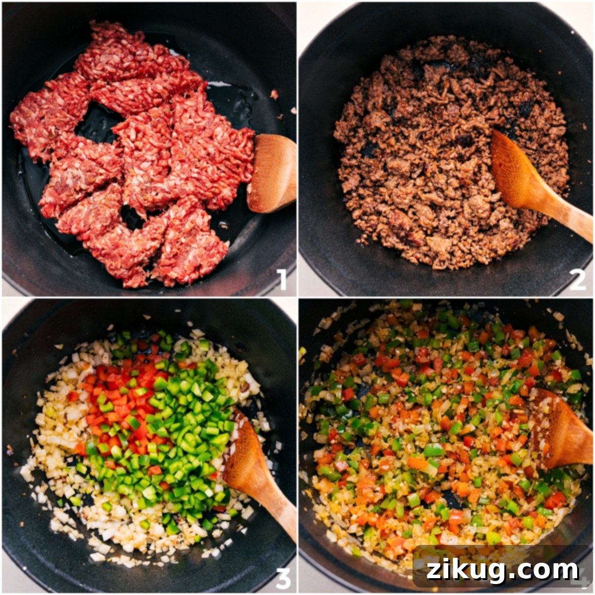 Step-by-step process of browning ground Italian sausage and sautéing diced onions and bell peppers in a large pot for Stuffed Pepper Soup.