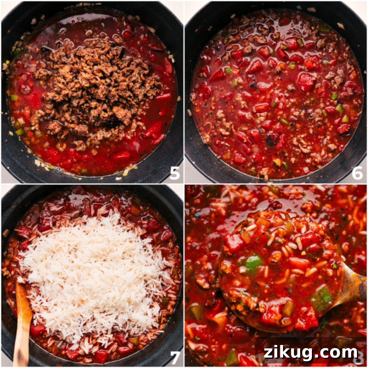 Cooked ground Italian sausage and rice being added to the simmering Stuffed Pepper Soup in a large pot, with a large serving spoon scooping out a hearty portion.