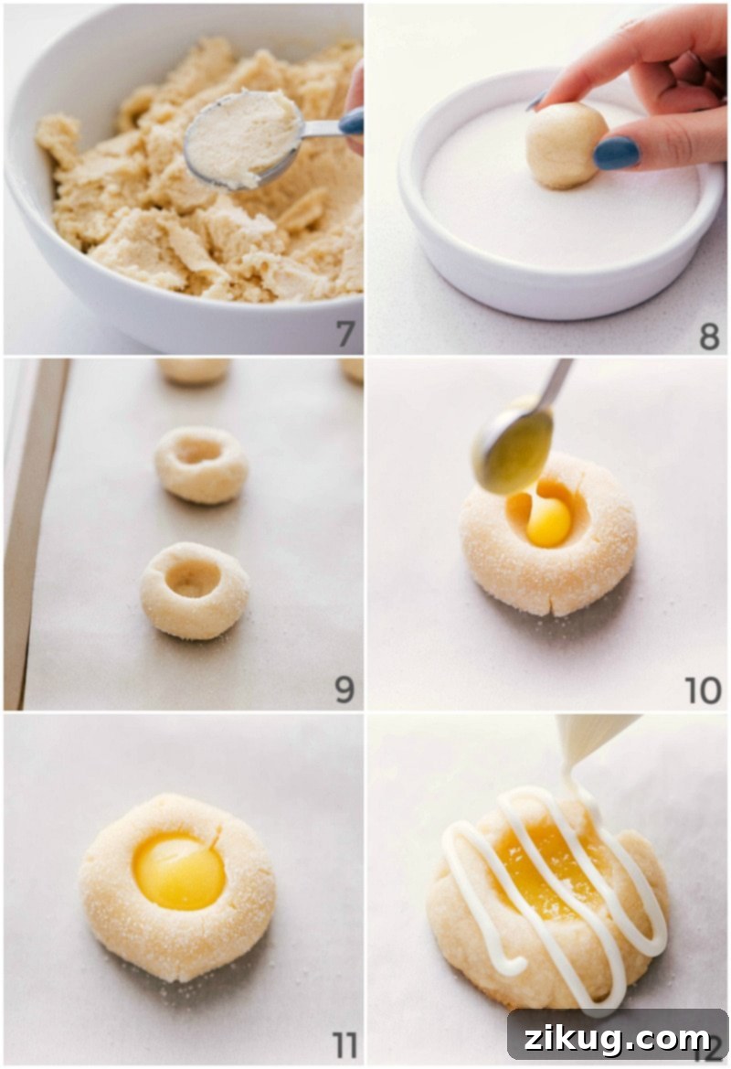 Fill cookie dough balls with lemon curd and drizzle them with frosting, showing the detailed steps of assembly.