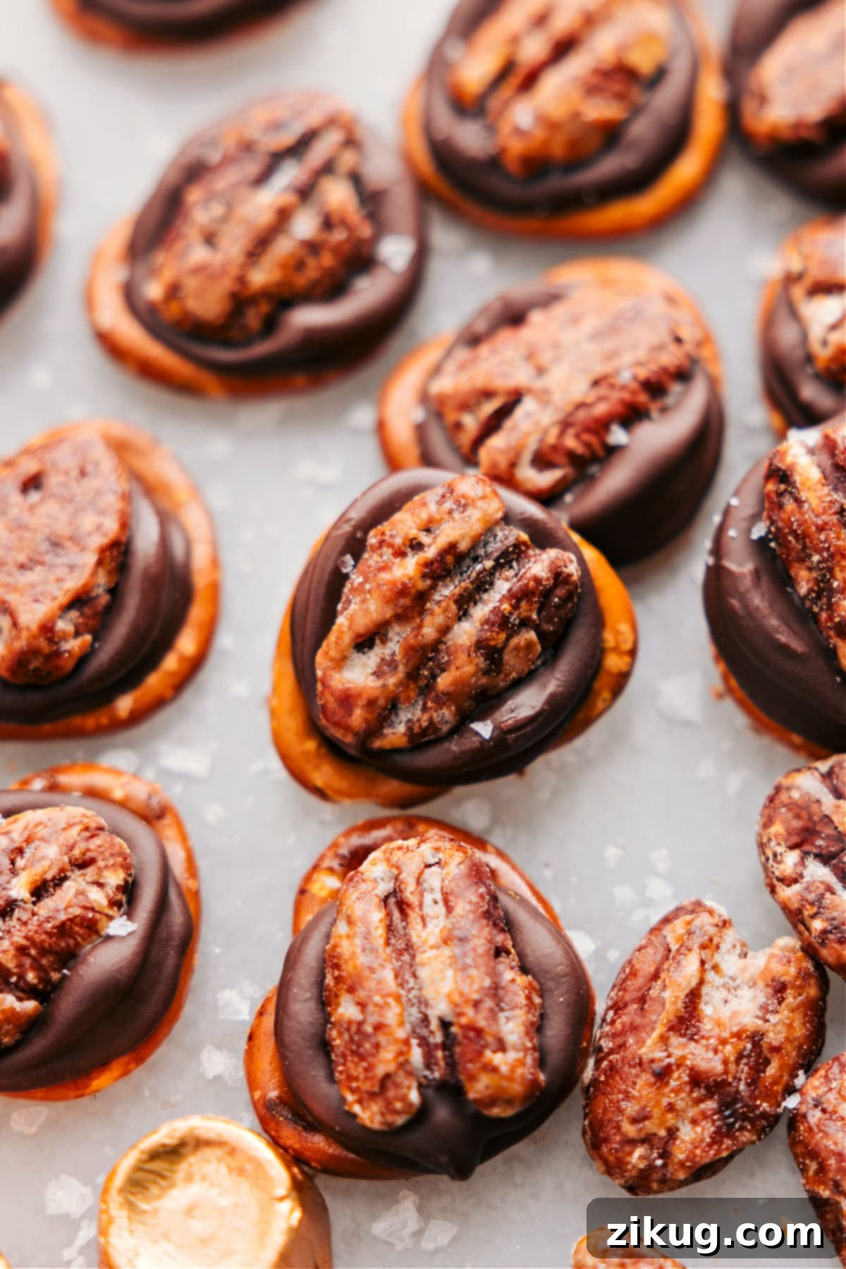 Freshly sprinkled sea salt on top of the turtle candy, enhancing the sweet and savory balance.