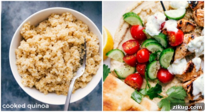 Perfectly cooked, nutritious quinoa ready to complement Shish Tawook. Fluffy cooked quinoa served as a side for shish tawook.