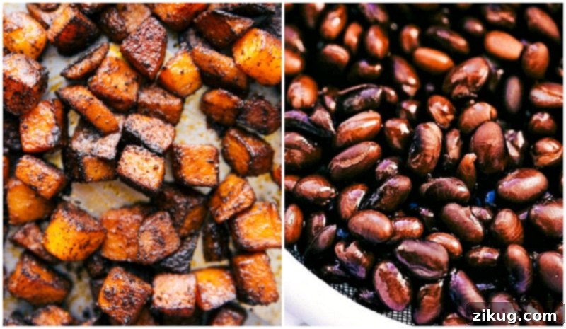 Overhead image of roasted butternut squash and seasoned black beans in separate bowls, prepared and ready to be combined for the tacos.
