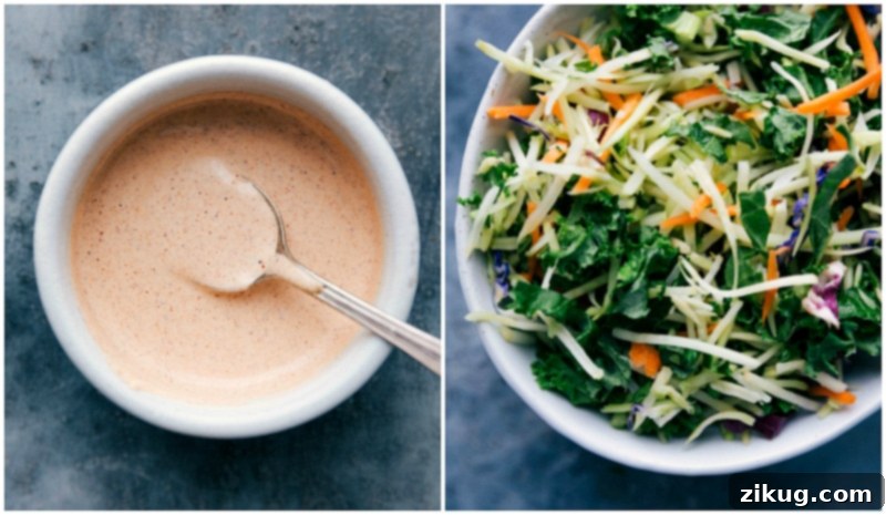 Image of the creamy savory taco sauce and a bowl of fresh coleslaw, essential toppings for the butternut squash tacos.