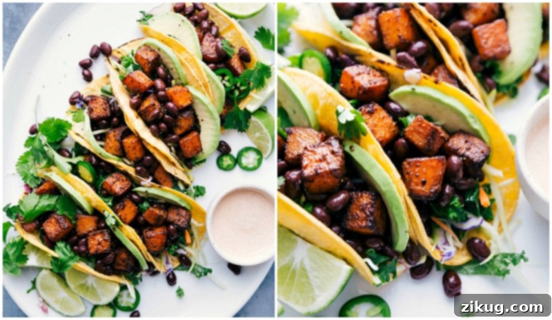 Image of the finished Butternut Squash Tacos neatly arranged on a plate, garnished with fresh cilantro and a drizzle of sauce, ready to be served and enjoyed.