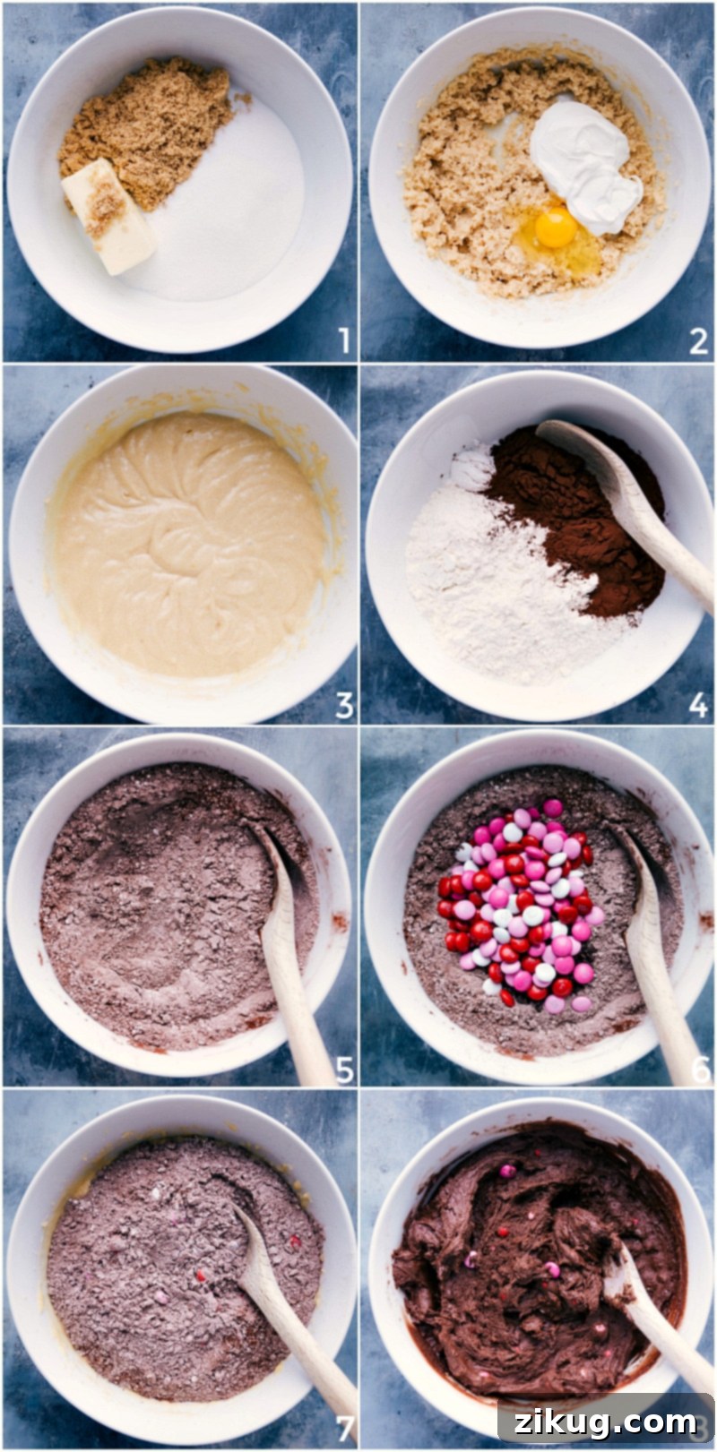 Making the valentine's cookie dough, from mixing ingredients to forming the dough, showing various stages.