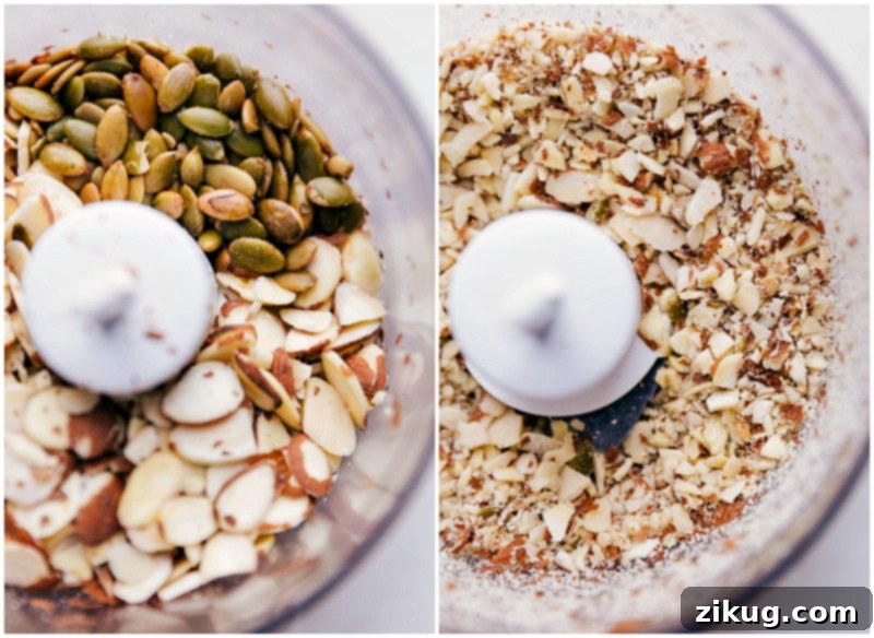 Pulsing Nuts and Seeds for Granola Bar Recipe Nuts and seeds being pulsed together in a food processor, a crucial step for achieving the right texture.