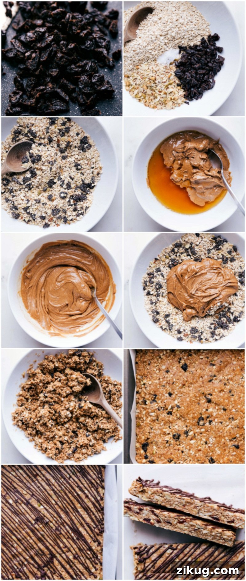 Step-by-Step Process for Making Delicious Bars Step-by-step visual process for making delicious no-bake granola bars: combining ingredients, pressing into pan, cutting, and drizzling with chocolate.