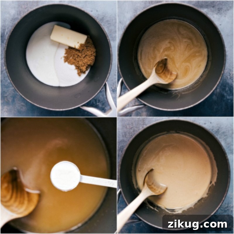 Combining and Heating Ingredients in Pan for Recipe Preparation Ingredients for the buttermilk syrup recipe being added to a pan, illustrating the heating and combining process.