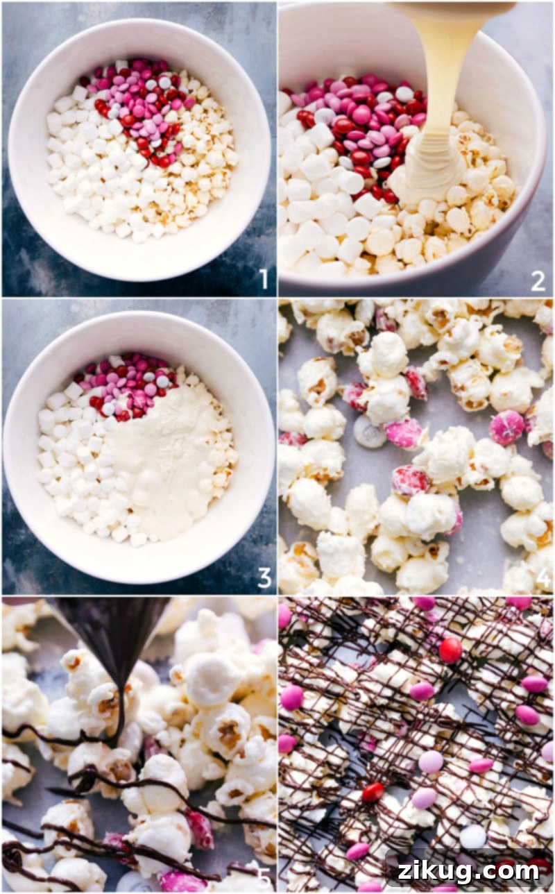 Creating Valentine's Popcorn: Combining Ingredients and Incorporating Melted Chocolate Close-up of the process of making Valentine's Popcorn, showing melted white chocolate being poured over a bowl of popcorn and other ingredients.