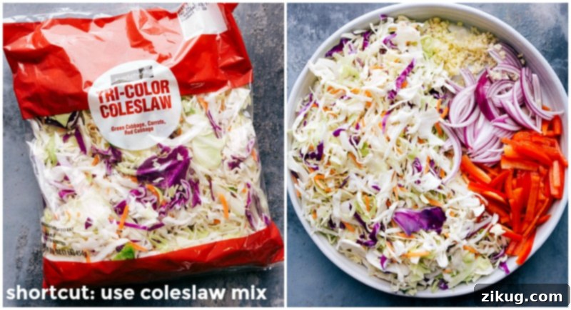 Fresh Coleslaw Mix and Veggies for Egg Roll in a Bowl Fresh coleslaw mix and various colorful vegetables, meticulously prepared and ready to be incorporated into the delicious egg roll in a bowl.