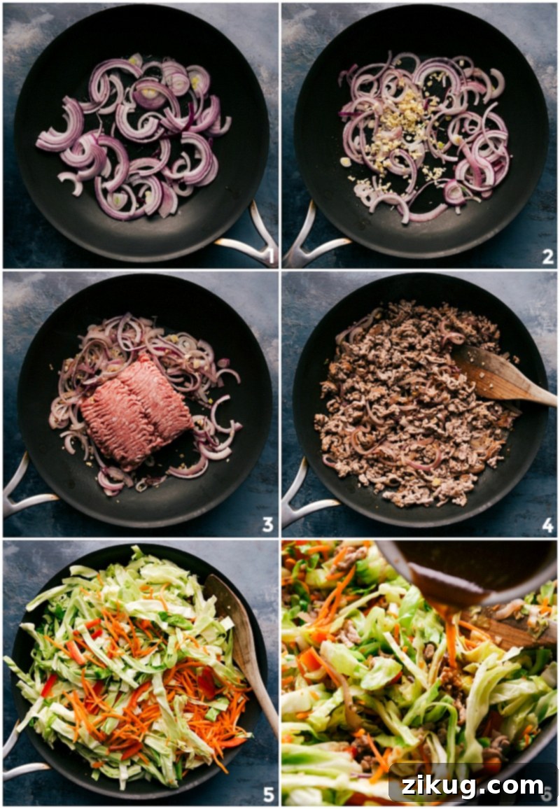 Sautéing Onions, Cooking Meat, and Stir-frying Veggies Step-by-step photos illustrating the cooking process: sautéing onions, browning ground meat, and stir-frying fresh vegetables to create the Egg Roll in a Bowl.