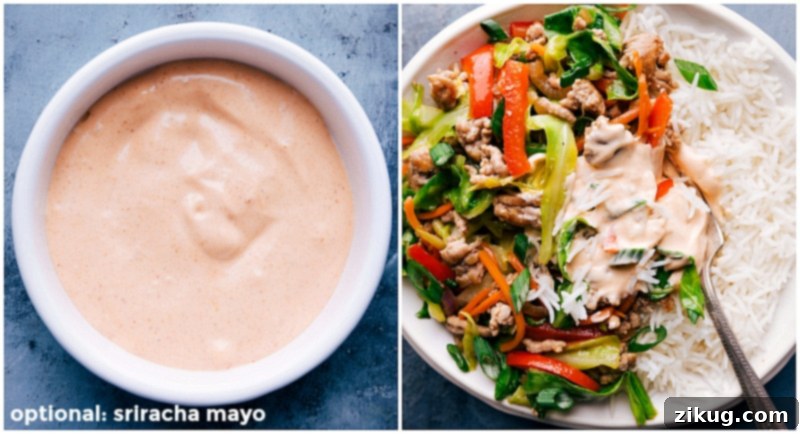 Sriracha Mayo Sauce for Enhancing the Dish A small bowl of sriracha mayo sauce, adding a spicy and creamy complement to the main dish.