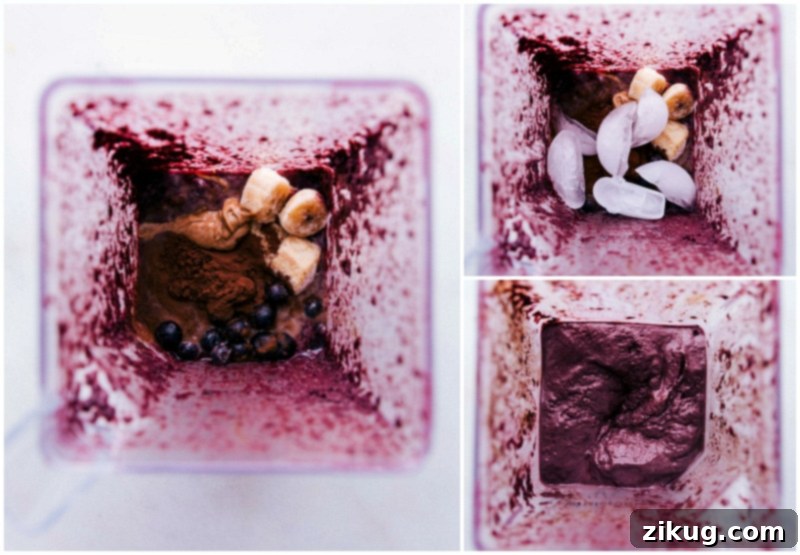 Creating Açaí Bowl: Blending a Wholesome Blend of Ingredients Close-up shot of a high-speed blender actively combining frozen açaí, banana, cocoa, almond milk, and ice, creating a thick, creamy chocolate açaí bowl base.