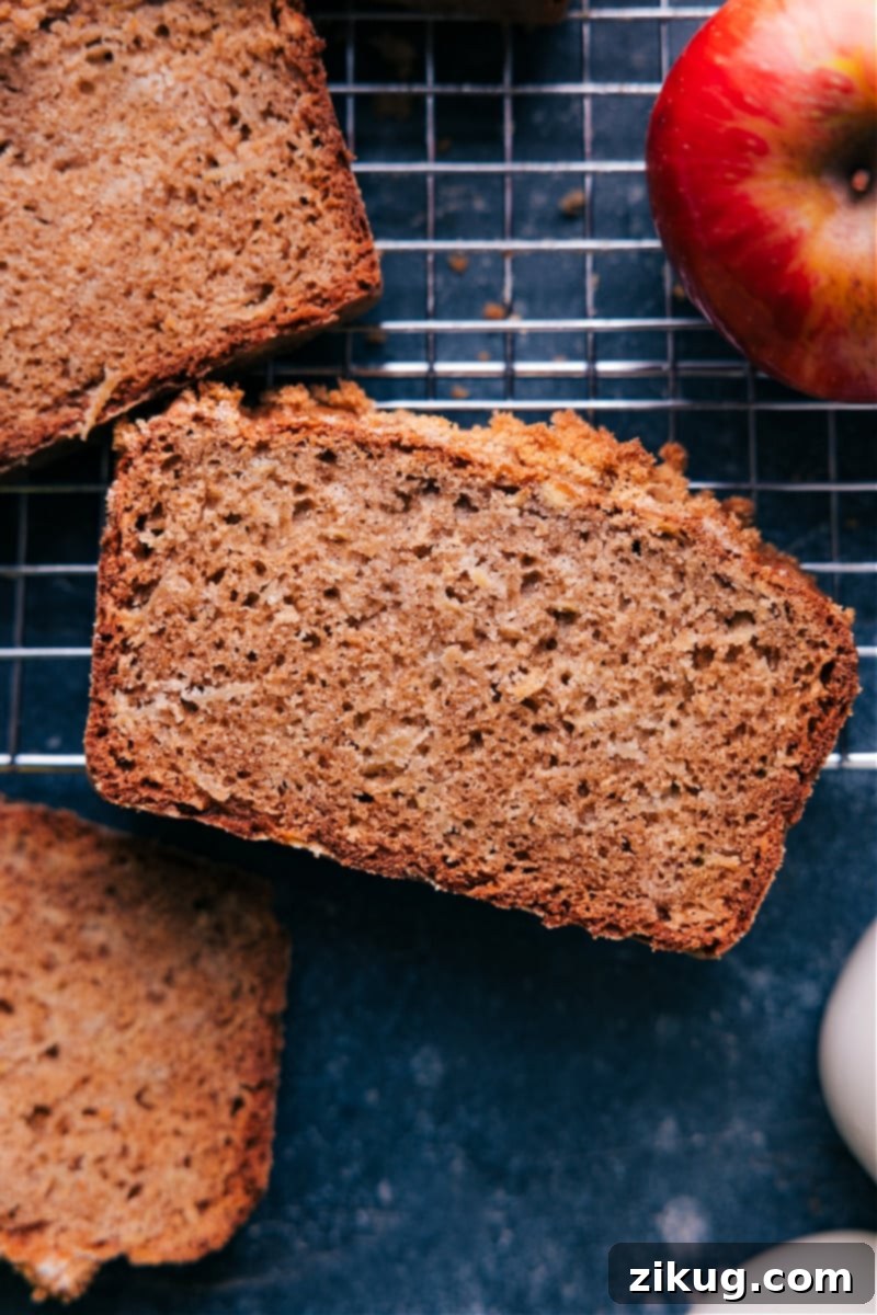 This Apple Bread Recipe is one of our all-time favorite quick breads! It's sweet, tender, and moist with shredded apples in every bite. This loaf is warmly spiced with a hint of cinnamon and a touch of nutmeg. Recipe via chelseasmessyapron #fall #quick #easy #simple #familyfriendly #kidfriendly #treat #applebread #recipe Overhead image of the apple bread recipe