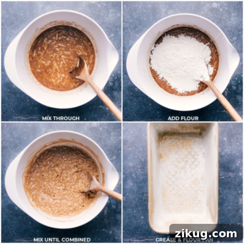 This Apple Bread Recipe is one of our all-time favorite quick breads! Recipe via chelseasmessyapron #fall #quick #easy #simple #familyfriendly #kidfriendly #treat #applebread #recipe Process shots of apple bread-- images of the flour being mixed through and the bread pan being prepared