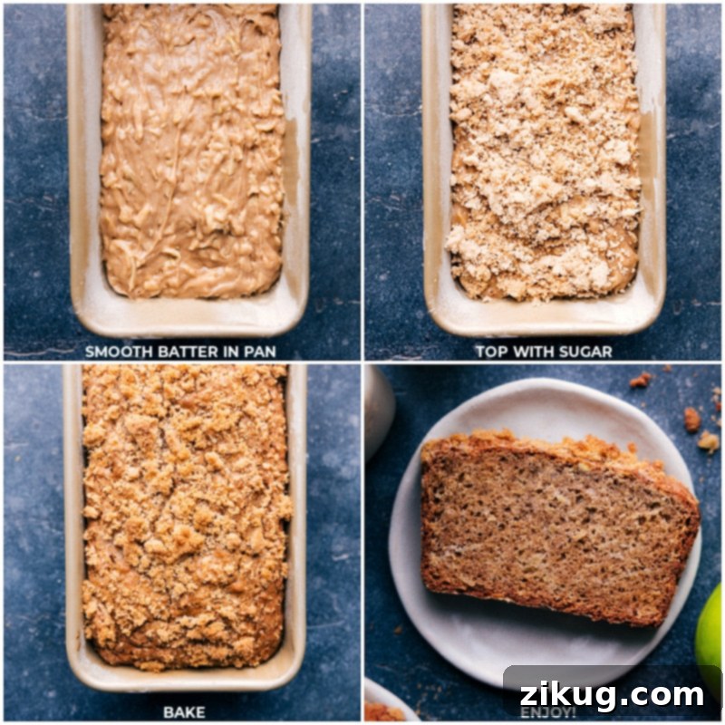 Apple Bread Recipe! It's sweet, tender, and moist with shredded apples in every bite. This loaf is warmly spiced with a hint of cinnamon and a touch of nutmeg. Recipe via chelseasmessyapron #fall #quick #easy #simple #familyfriendly #kidfriendly #treat #applebread #recipe Process shots of the treat being baked