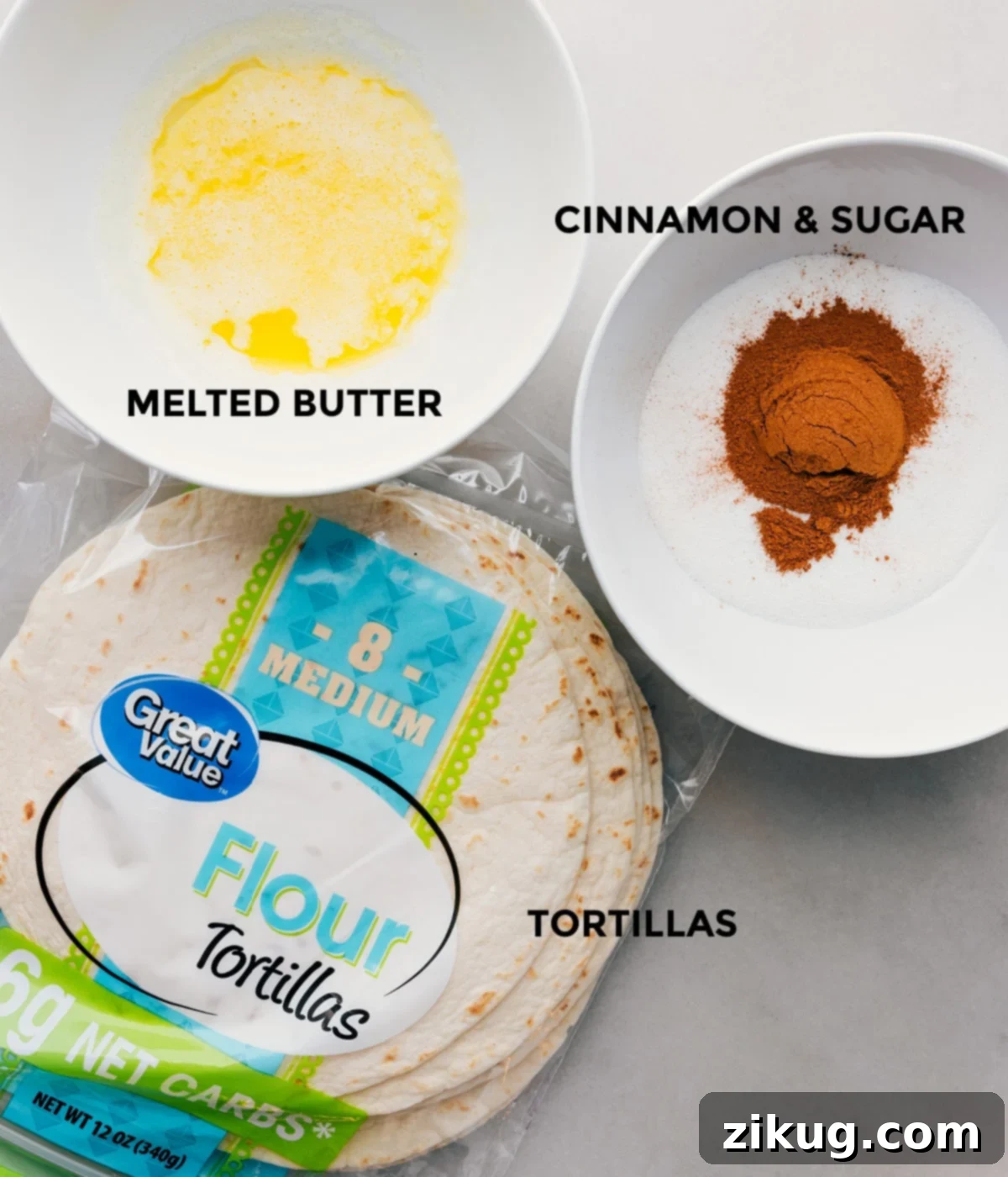 All the simple ingredients for homemade cinnamon sugar chips laid out.
