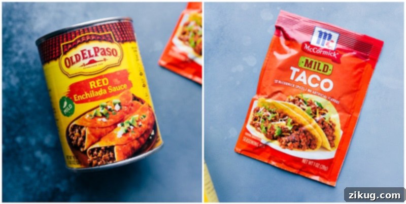 Mild red enchilada sauce and a packet of taco seasoning, essential ingredients for infusing rich Mexican flavor into quinoa.