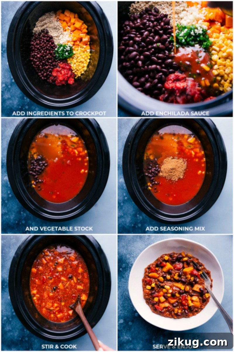 Close-up view of butternut squash, black beans, corn, and quinoa being stirred together in a slow cooker, ready for cooking.