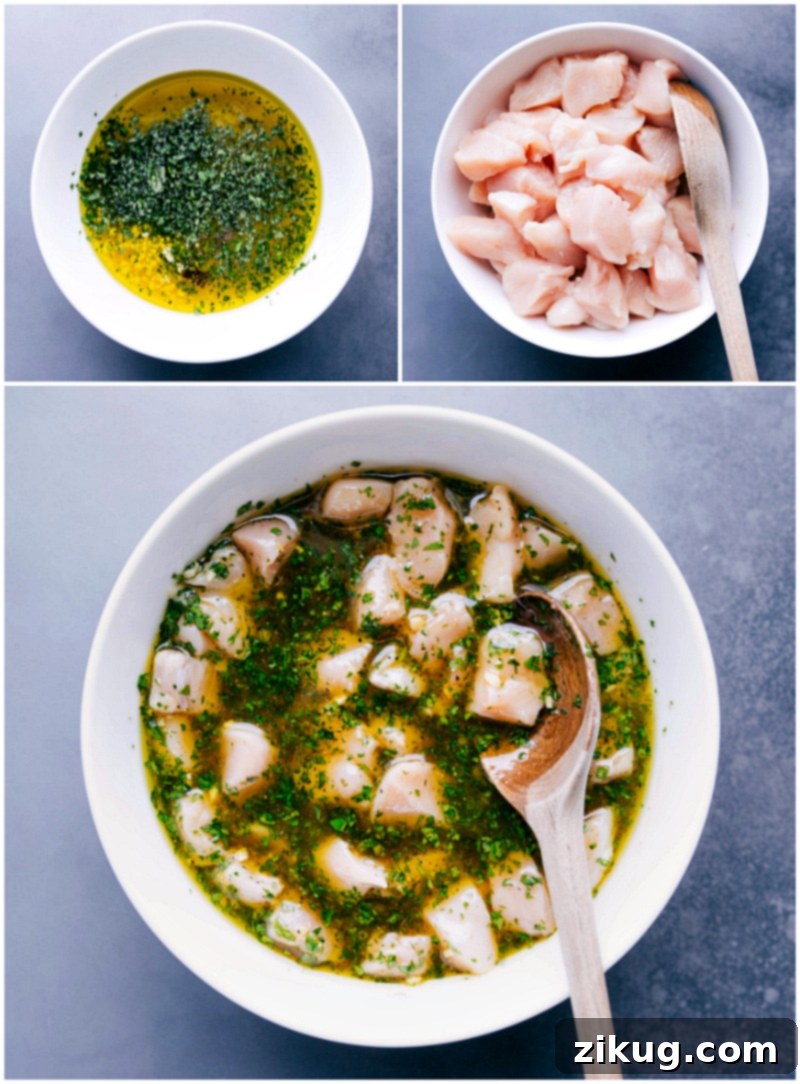 Marinade Preparation and Chicken Marination Process Creating the marinade, adding chopped chicken, and marinating it in a large bowl.