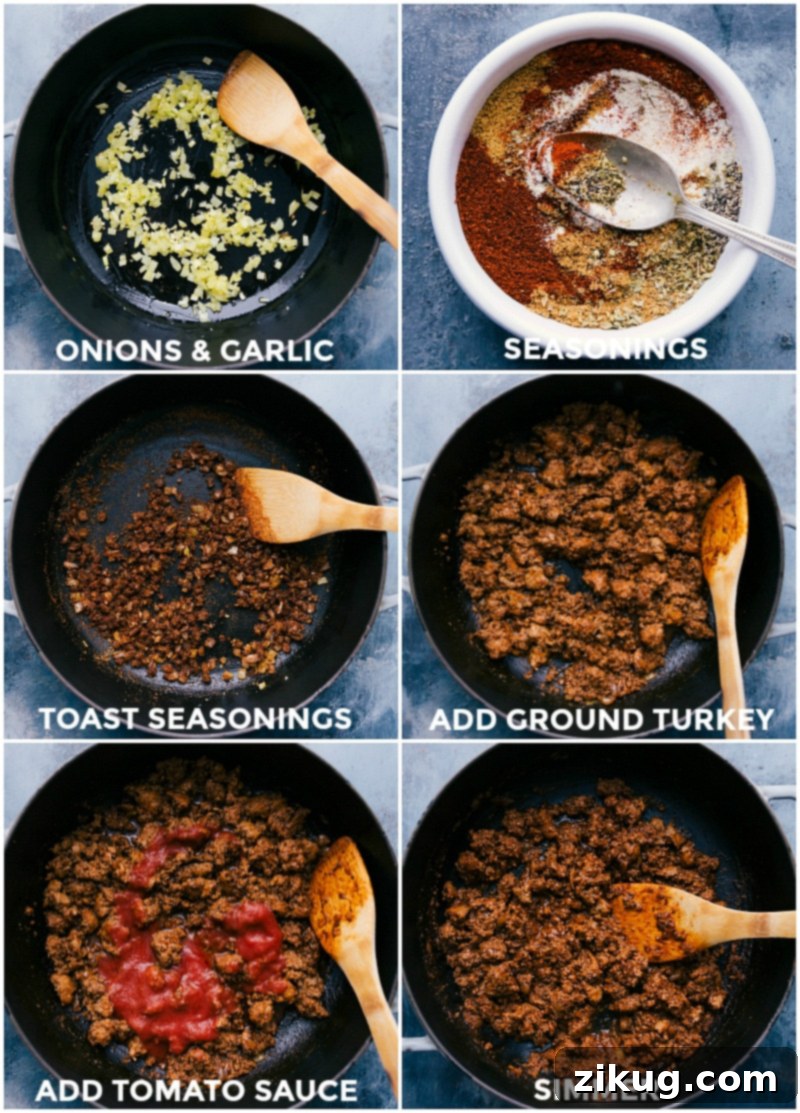 Preparation of ground turkey taco meat for loaded taco fries, showing seasoning and cooking process in a large pan with onions and garlic.