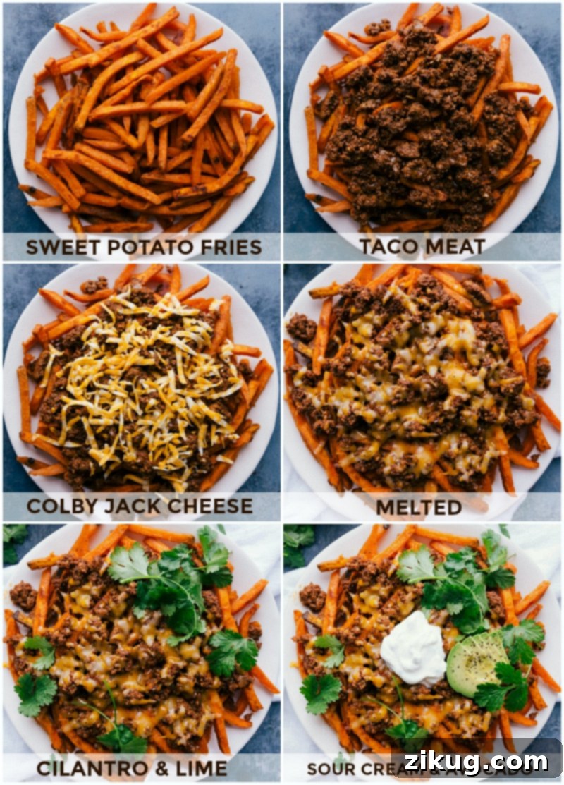 Layering sweet potato fries with seasoned taco meat, melted cheese, and various vibrant toppings for a delicious and customizable dish, ready to be served.