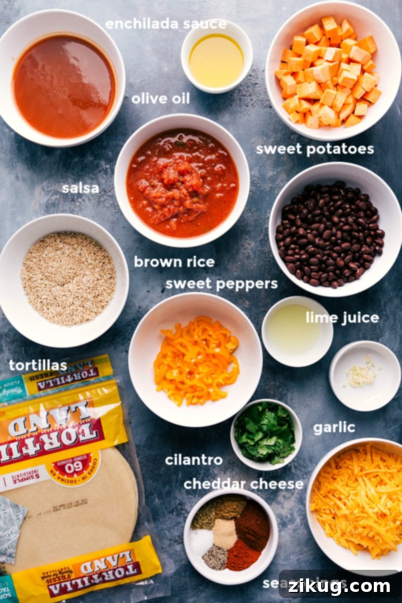 Assembling Ingredients for Sweet Potato Black Bean Enchiladas Assembly of ingredients for sweet potato black bean enchiladas, showcasing the filling components.