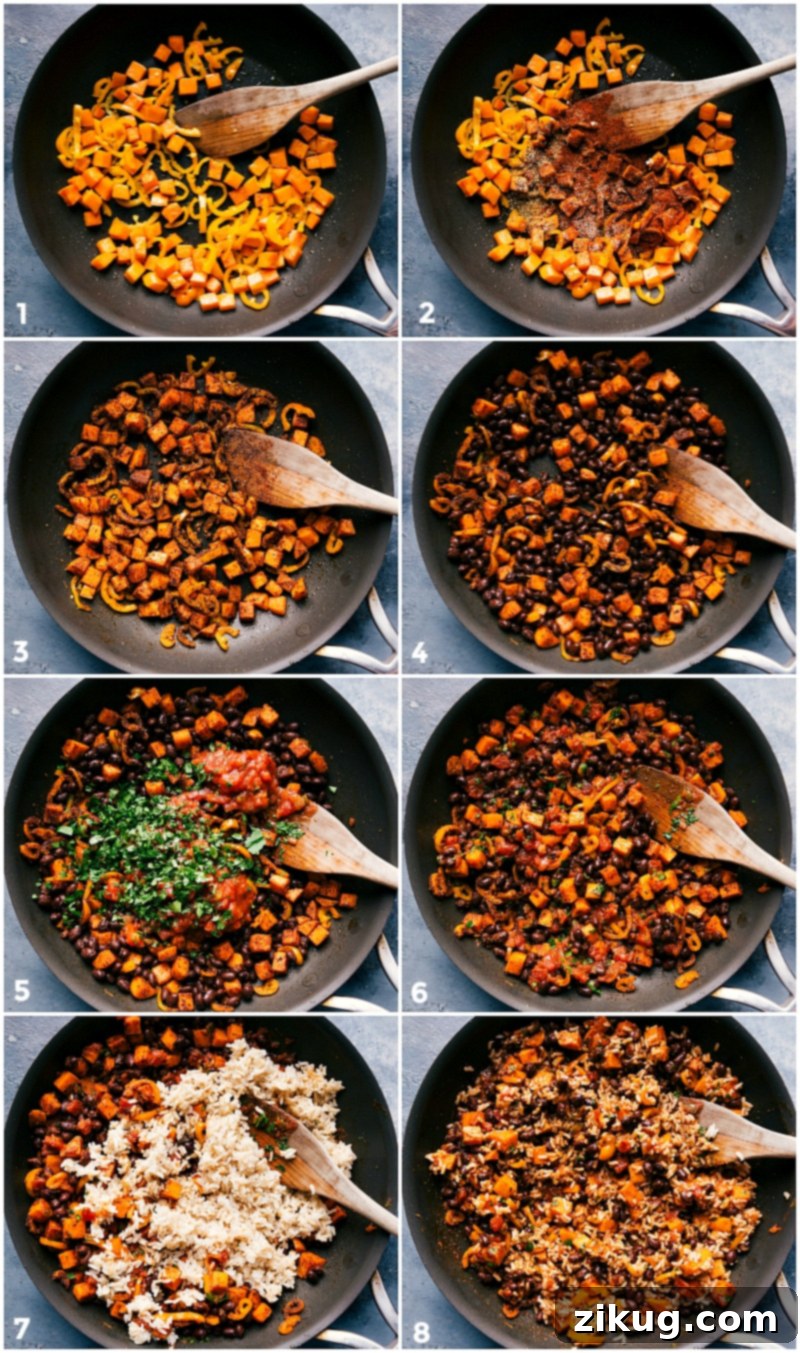 Crafting the Filling for Delicious Sweet Potato Enchiladas Preparing the flavorful filling, combining sweet potatoes, black beans, seasonings, and other ingredients for this Sweet Potato And Black Bean Enchiladas.