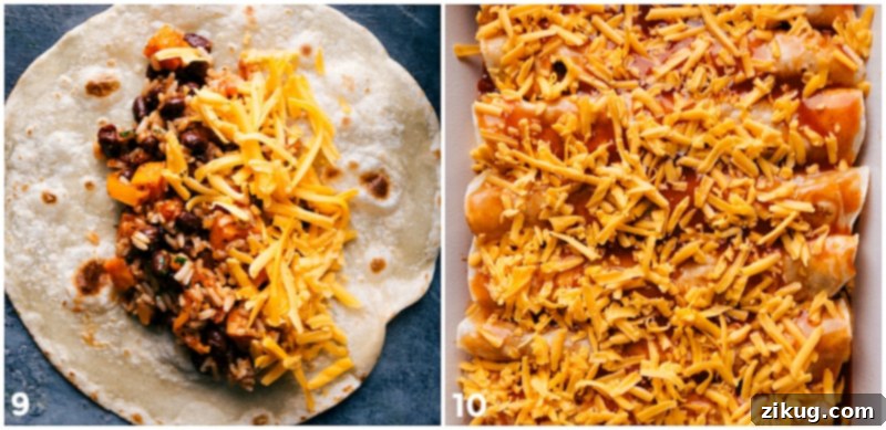 Assembling Sweet Potato Enchiladas with Fresh Cheese in Casserole Dish Layering the filling into tortillas and assembling sweet potato enchiladas, ready for baking with melted cheese on top.