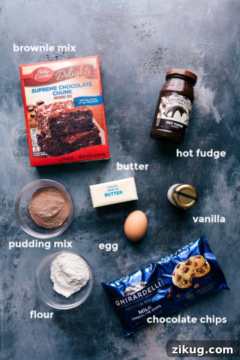 Key Ingredients for Crafting Fudge Brownie Cookies Assortment of ingredients for the fudge brownie cookie recipe, including cocoa powder, chocolate chips, and more.