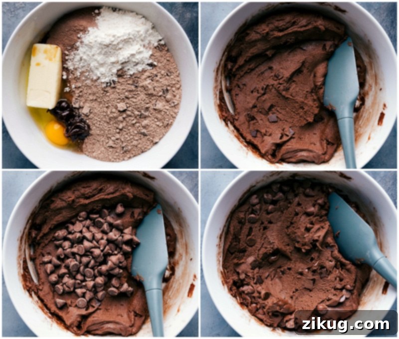Creating Fudge Brownie Cookie Dough: Ingredient Assembly and Mixing Making the dough, starting with ingredient assembly, mixing, and adding chocolate chips.