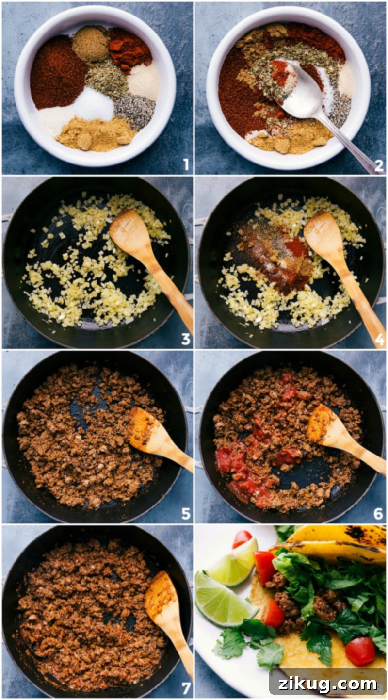 Easy Turkey Tacos 3 A step-by-step visual guide showing the creation of a flavorful seasoning mix, its incorporation into sautéed onions and garlic, followed by the cooking of the ground turkey meat, and finally, the meticulous assembly of the delicious tacos.