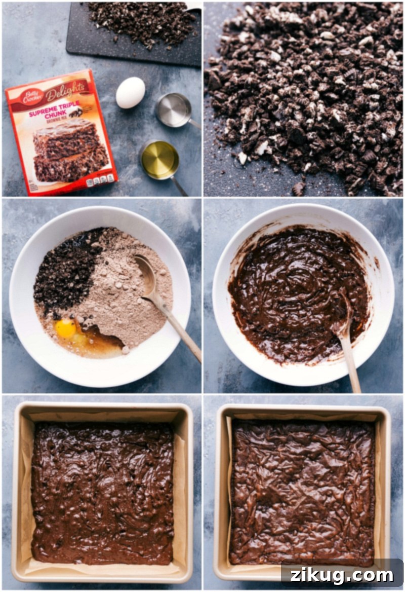 Making mint chocolate brownies, from using the box mix to adding oreos, and finally baking.