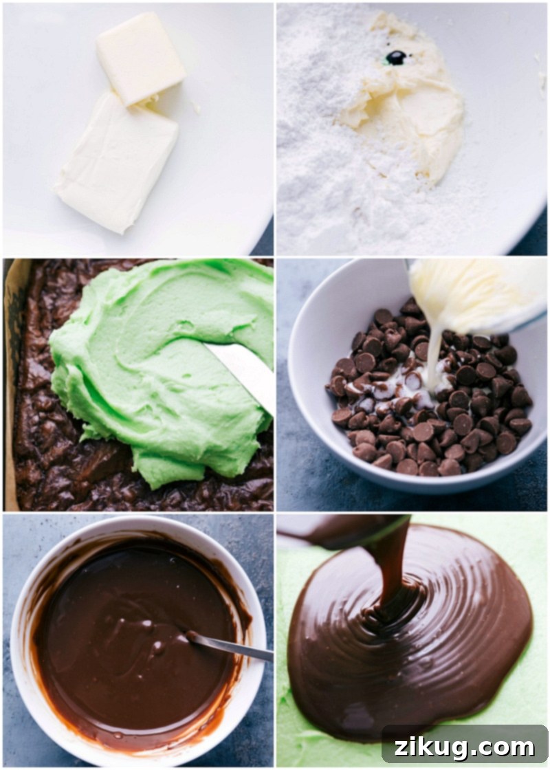 The preparation of frosting and melting chocolate to pour on top of the frosting layer.