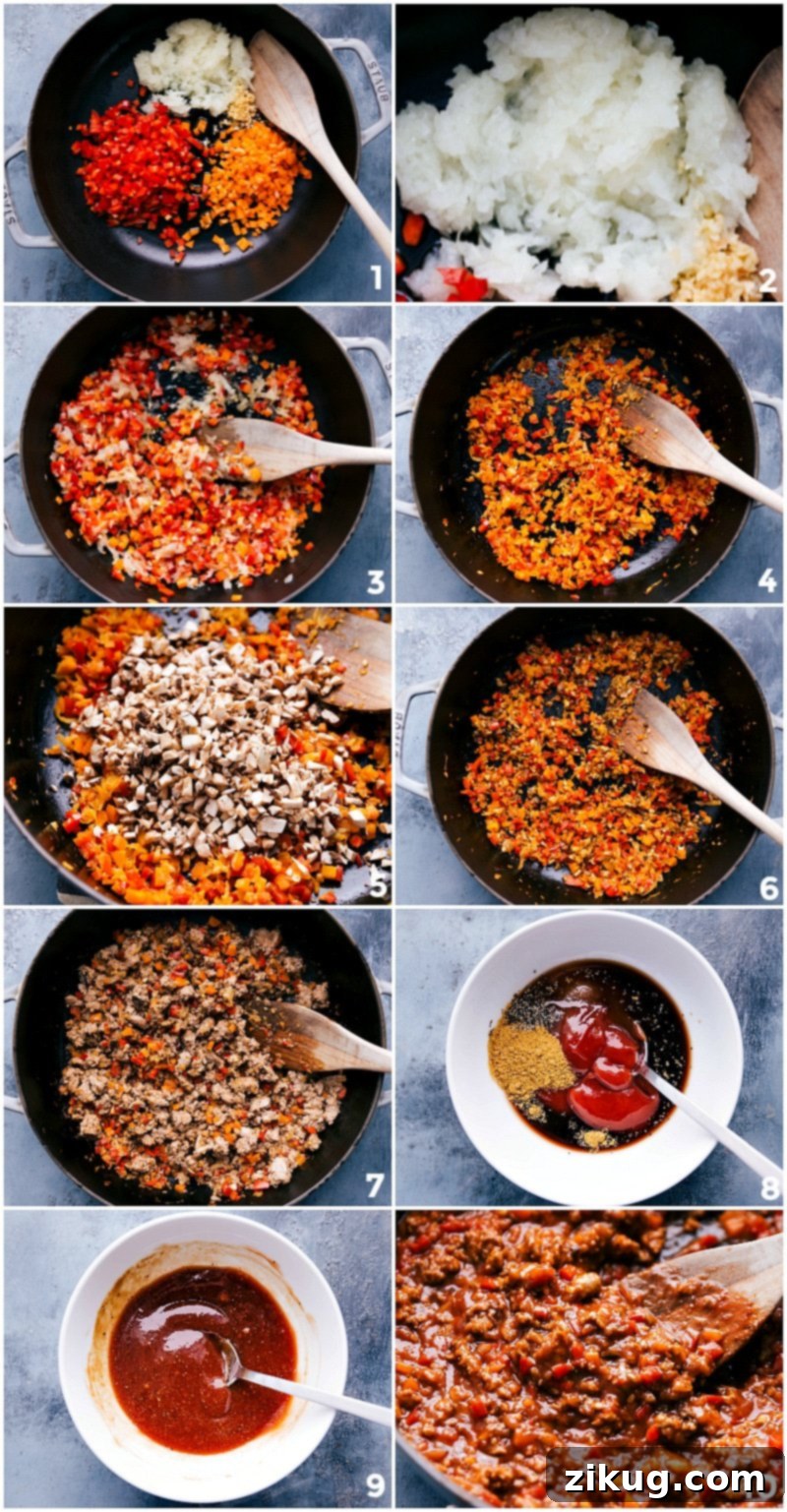 Preparing the Vegetable Base for Turkey Sloppy Joes Sautéing onions, garlic, carrots, and bell peppers in a large skillet, forming the flavorful base for Ground Turkey Sloppy Joes.