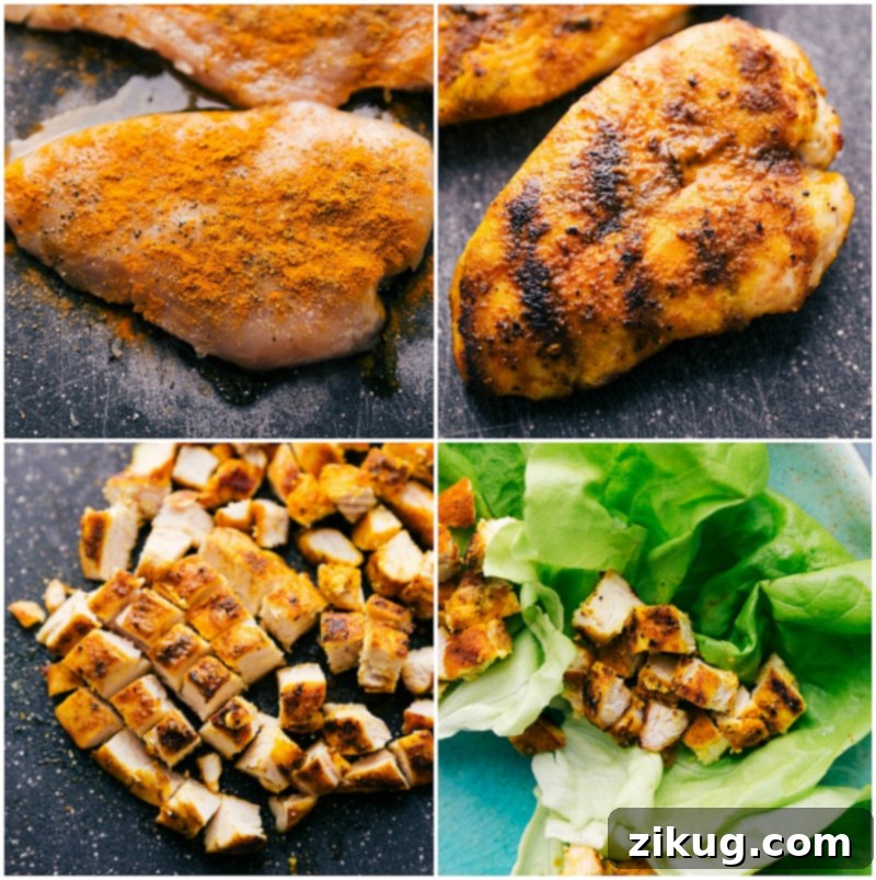 Four stages of boneless, skinless chicken breast: raw on a cutting board, grilled and golden brown, chopped into bite-sized pieces, and finally, diced chicken served in a salad, demonstrating the cooking and preparation process for the lettuce wraps.