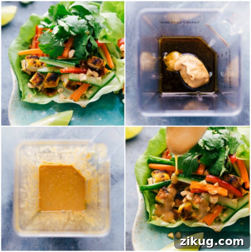 A visual guide to making chicken peanut lettuce wraps: a bowl of raw peanut sauce ingredients, a blender creating the smooth sauce, the creamy sauce being drizzled over an assembled lettuce wrap, and a plate of finished wraps ready to be enjoyed.