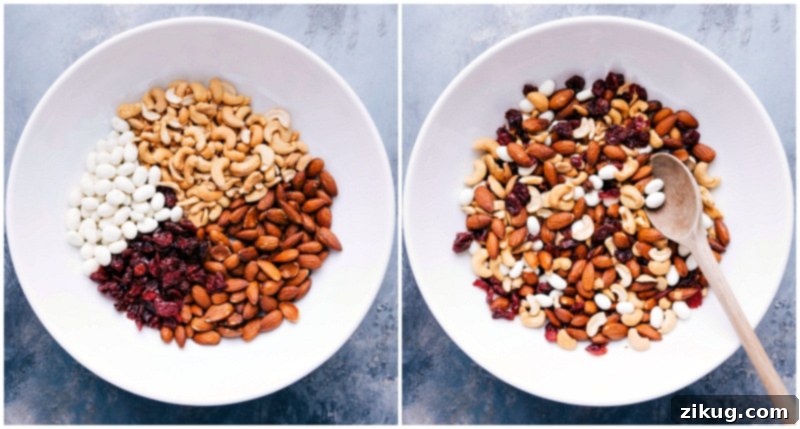 Ingredients for a healthy trail mix, including walnuts, pecans, dried cherries, pistachios, pepitas, sunflower seeds, cocoa-roasted almonds, and coconut chips, being carefully combined in a bowl.