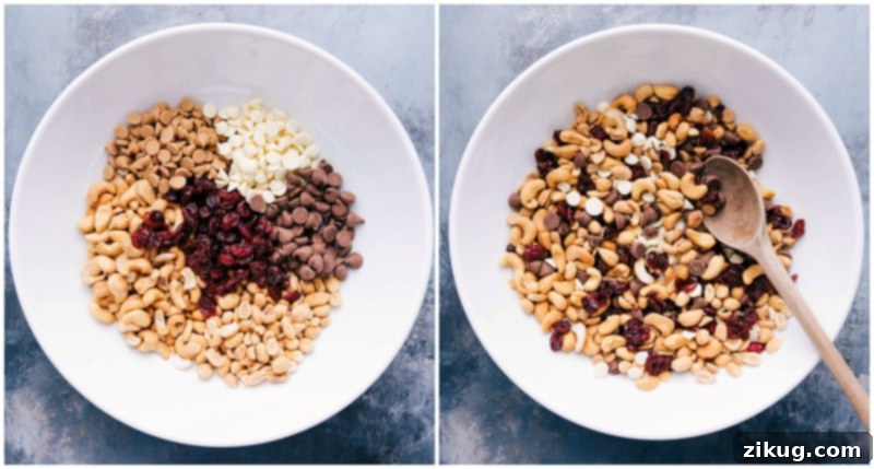 Ingredients for the indulgent trail mix recipe, including a variety of chocolate chips, golden raisins, and dried cherries, being gently stirred together.