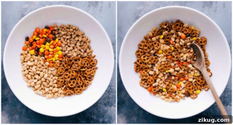 Ingredients for peanut lover's trail mix, prominently featuring chocolate chips or chunks, chocolate-covered pretzels, white chocolate chips, mini Reese's cups, and cocoa-roasted almonds, ready to be mixed.