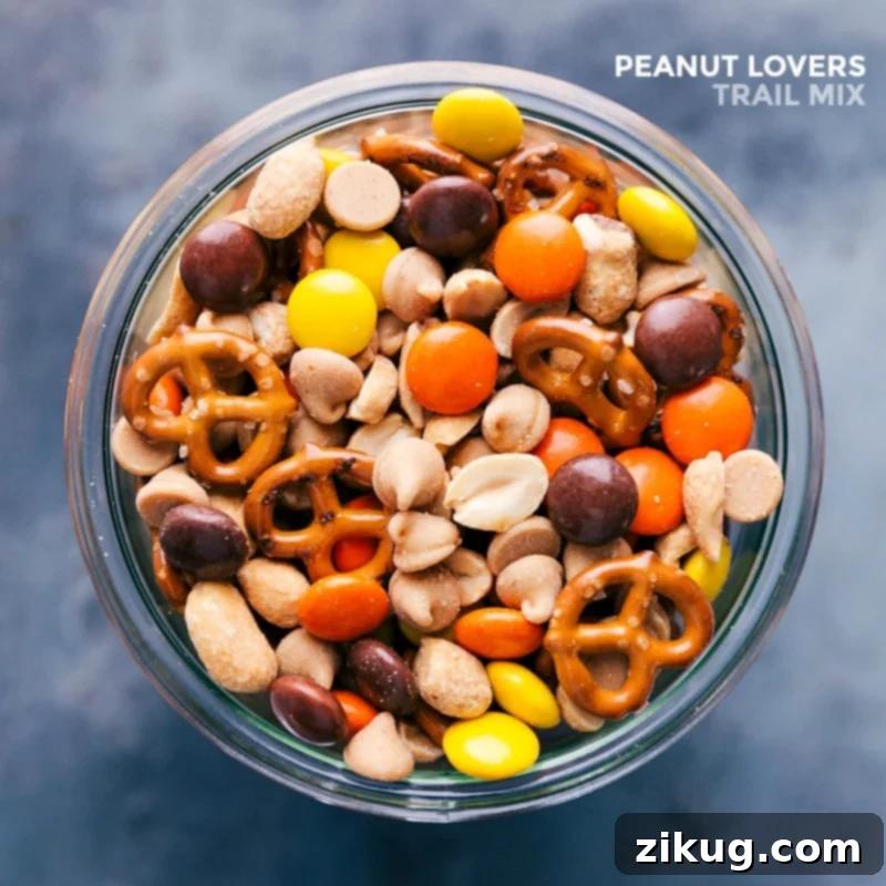 A finished snack mix, highlighting the delicious harmony of chocolate treats and nutty flavors, specifically designed for peanut enthusiasts.
