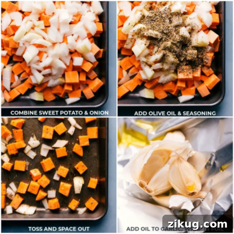 An indulgent Sweet Potato Pasta with roasted and seasoned sweet potatoes, onions, & chicken sausage. Recipe via ChelseasMessyApron #dinner #quick #easy #simple #best #bowtie #sausage #sweetpotato #pasta Process shots-- images of the sweet potatoes, onion, olive oil, seasonings, and garlic being added to a sheet pan and tossed together