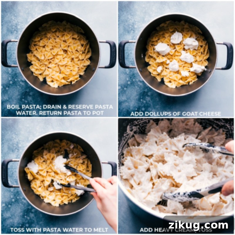 The pasta and veggies are tossed in an unforgettable creamy goat cheese sauce and topped with Parmesan. Recipe via ChelseasMessyApron #dinner #quick #easy #simple #best #bowtie #sausage #sweetpotato #pasta Process shots of Sweet Potato Pasta-- images of the pasta and goat cheese being mixed together and then heavy cream being tossed with it